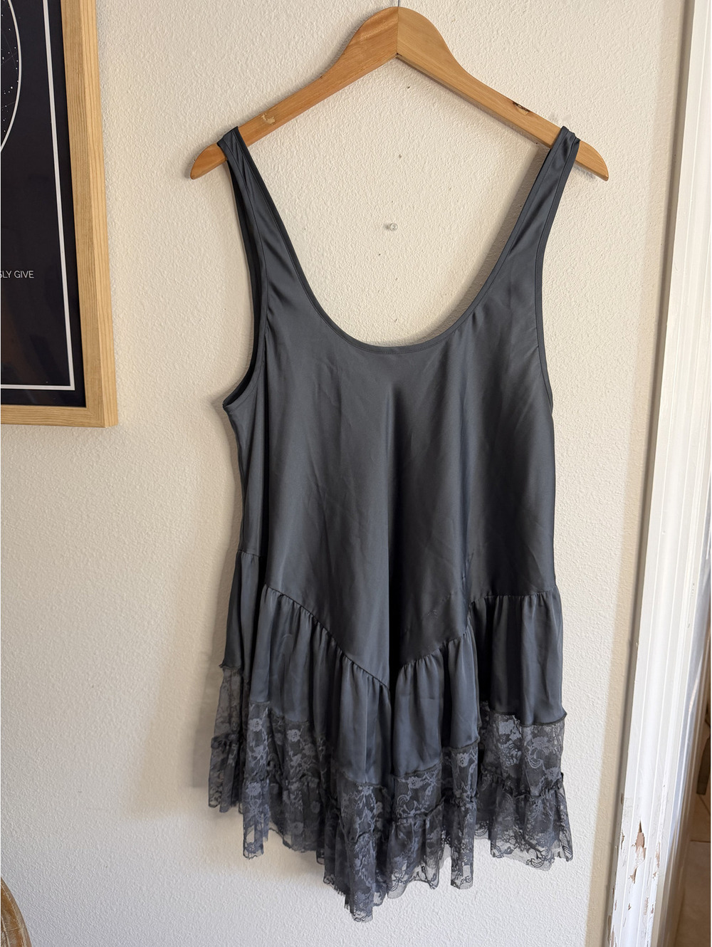 Free People Intimately Gray Satin Lace Ruffle Mini Slip Dress Boho